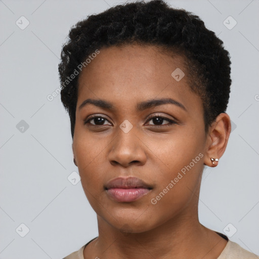 Neutral black young-adult female with short  black hair and brown eyes