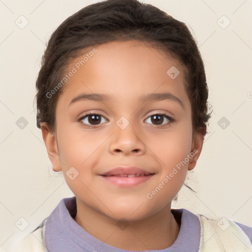 Joyful white child female with short  brown hair and brown eyes