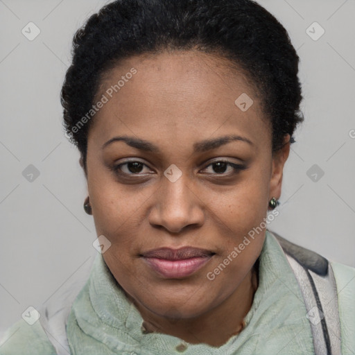 Joyful latino young-adult female with short  black hair and brown eyes