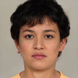 Neutral white young-adult female with short  brown hair and brown eyes