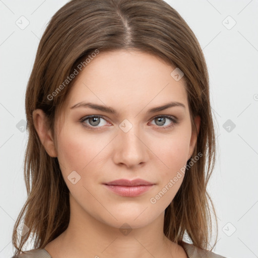 Neutral white young-adult female with medium  brown hair and grey eyes