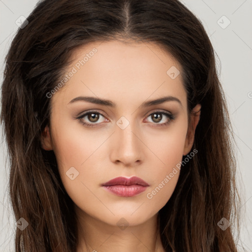 Neutral white young-adult female with long  brown hair and brown eyes