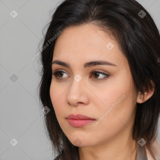 Neutral white young-adult female with medium  brown hair and brown eyes