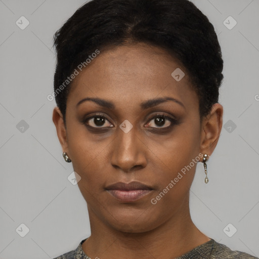 Neutral black young-adult female with short  black hair and brown eyes