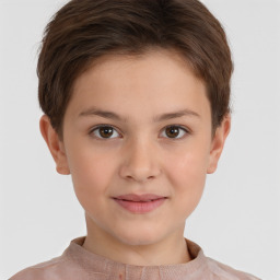 Joyful white child female with short  brown hair and brown eyes