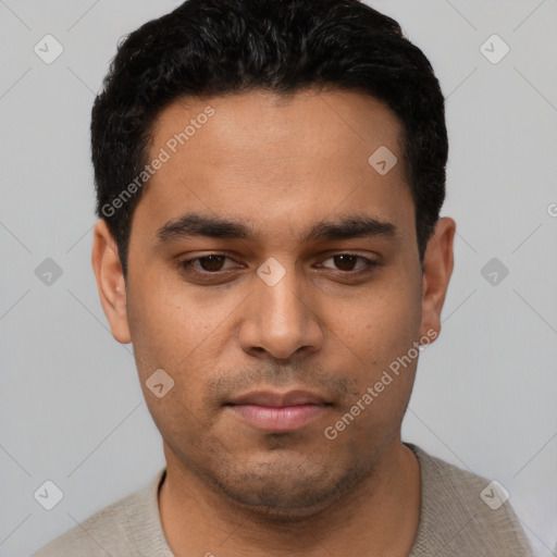 Neutral latino young-adult male with short  black hair and brown eyes