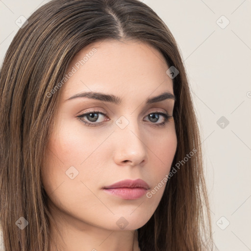 Neutral white young-adult female with long  brown hair and brown eyes