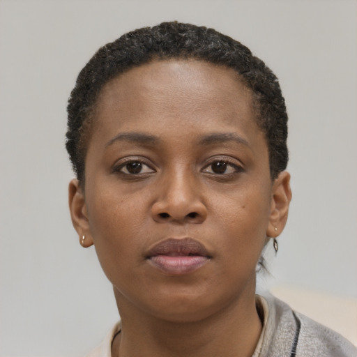Neutral black young-adult female with short  brown hair and brown eyes