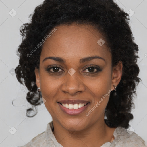 Joyful black young-adult female with medium  brown hair and brown eyes