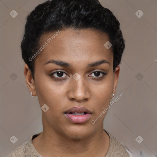 Neutral black young-adult female with short  black hair and brown eyes