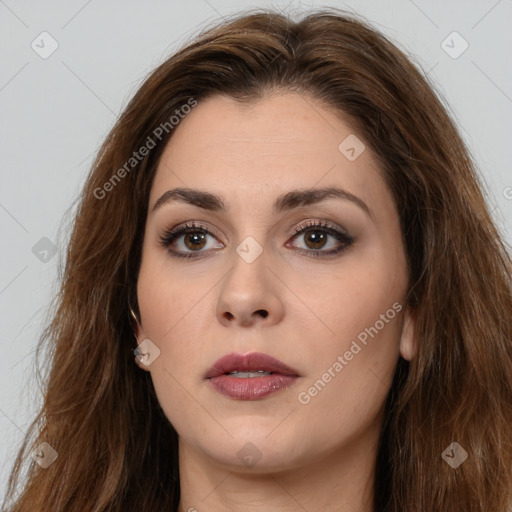 Neutral white young-adult female with long  brown hair and brown eyes