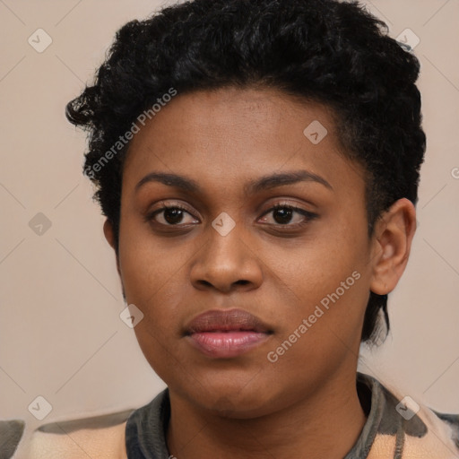 Neutral black young-adult female with short  black hair and brown eyes