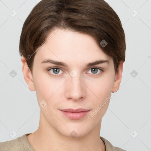 Neutral white young-adult female with short  brown hair and brown eyes