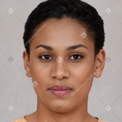 Joyful latino young-adult female with short  black hair and brown eyes