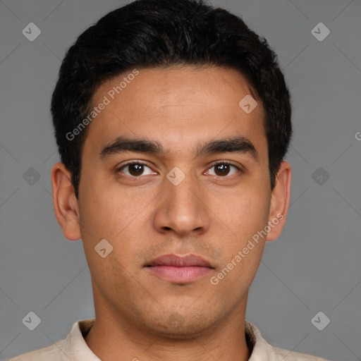 Neutral latino young-adult male with short  brown hair and brown eyes