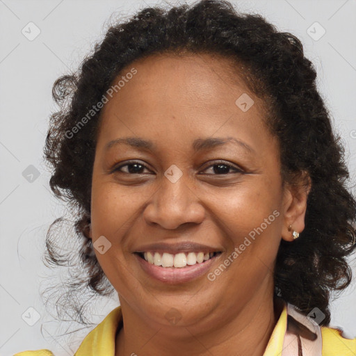 Joyful black adult female with medium  brown hair and brown eyes