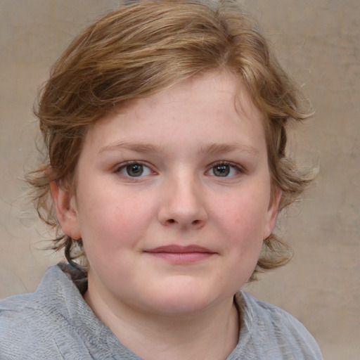 Joyful white child female with medium  brown hair and blue eyes