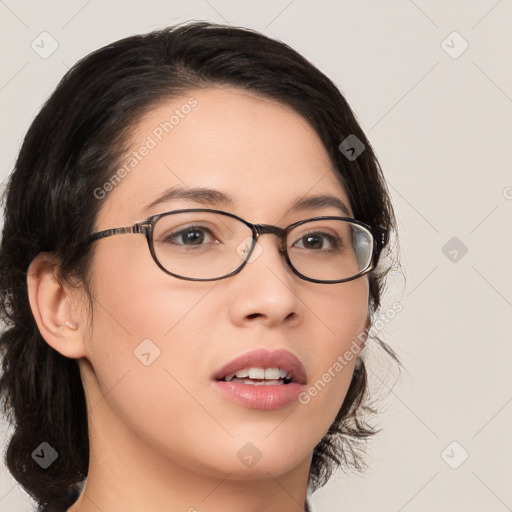 Neutral white young-adult female with medium  brown hair and brown eyes