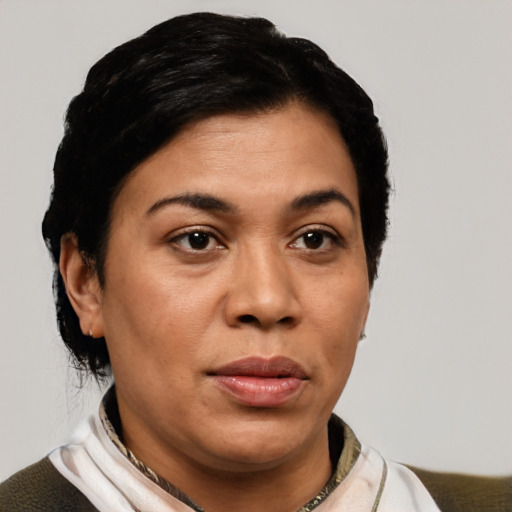Joyful latino young-adult female with short  brown hair and brown eyes