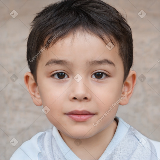 Joyful white child male with short  brown hair and brown eyes