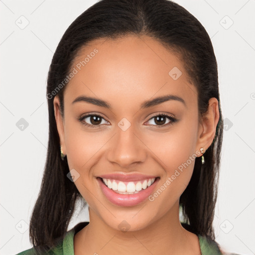 Joyful latino young-adult female with long  brown hair and brown eyes