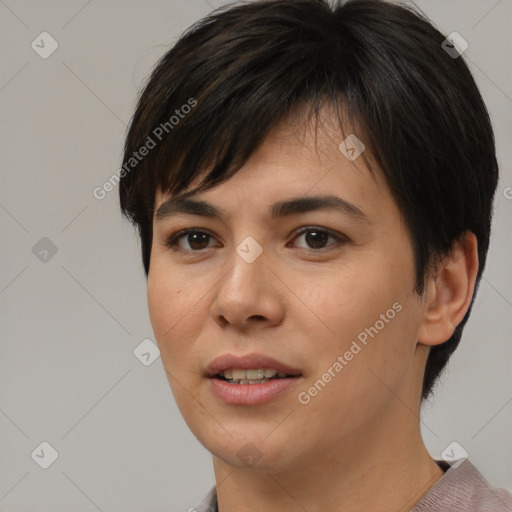 Joyful asian young-adult female with medium  brown hair and brown eyes