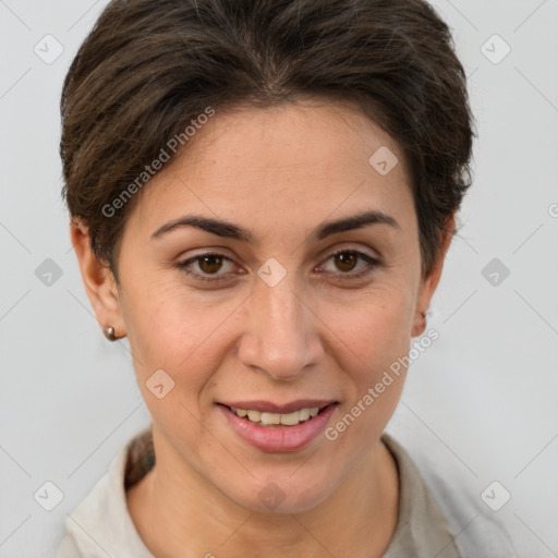 Joyful white young-adult female with short  brown hair and brown eyes