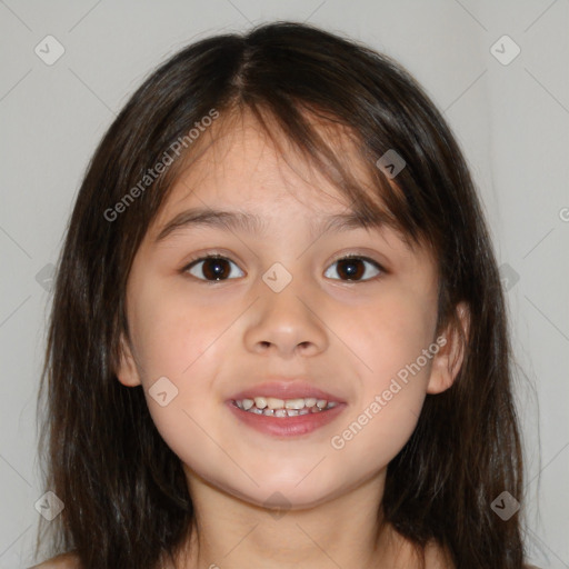 Joyful white child female with medium  brown hair and brown eyes