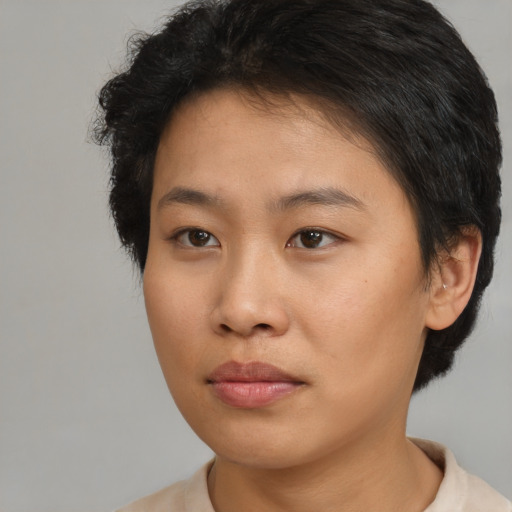 Neutral asian young-adult female with short  brown hair and brown eyes