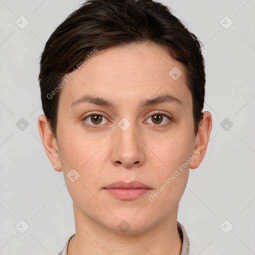 Neutral white young-adult female with short  brown hair and brown eyes