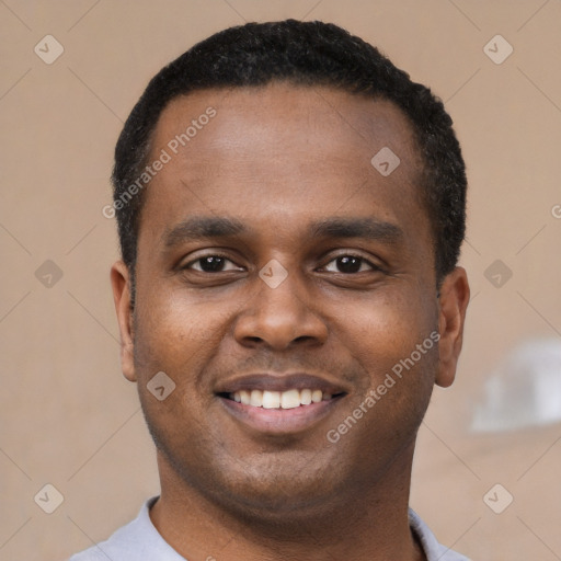 Joyful black young-adult male with short  black hair and brown eyes