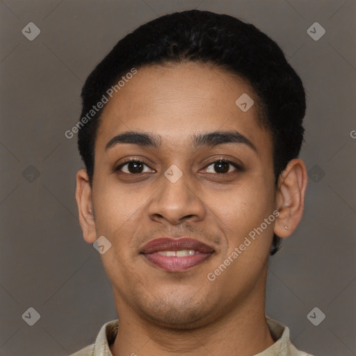 Joyful latino young-adult female with short  black hair and brown eyes