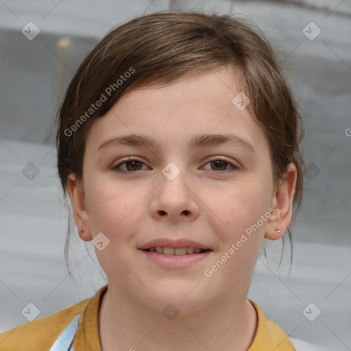 Joyful white child female with short  brown hair and brown eyes