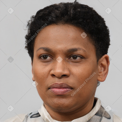 Neutral latino young-adult female with short  brown hair and brown eyes
