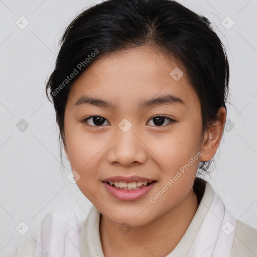 Joyful asian child female with medium  brown hair and brown eyes