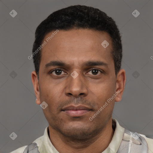 Neutral black young-adult male with short  black hair and brown eyes