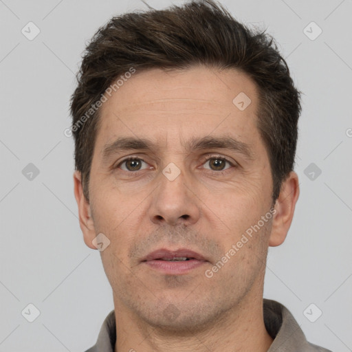 Neutral white adult male with short  brown hair and brown eyes