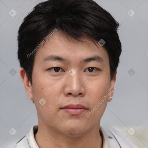 Neutral asian young-adult male with short  brown hair and brown eyes