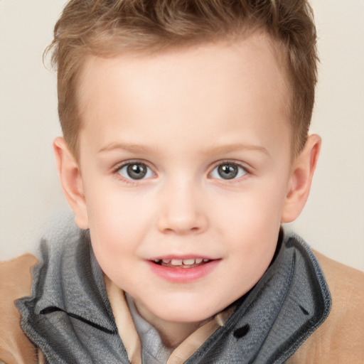 Joyful white child female with short  brown hair and brown eyes