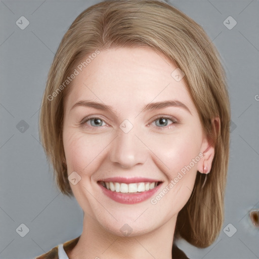 Joyful white young-adult female with medium  brown hair and blue eyes