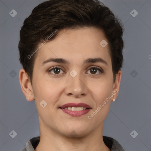 Joyful white young-adult female with short  brown hair and brown eyes