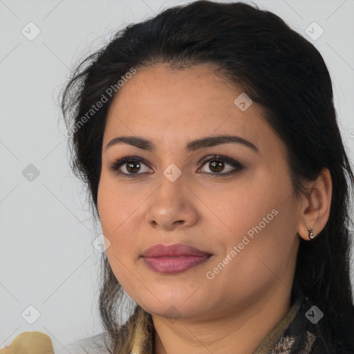 Joyful latino young-adult female with long  brown hair and brown eyes