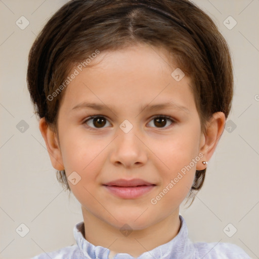 Joyful white child female with short  brown hair and brown eyes