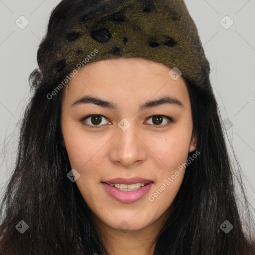 Joyful asian young-adult female with long  brown hair and brown eyes