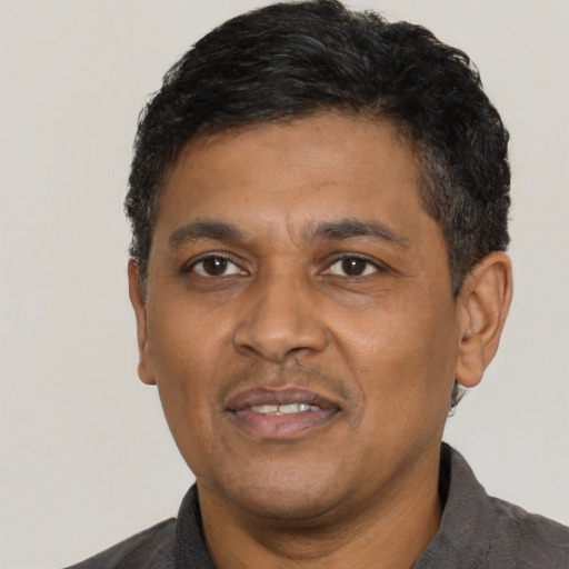 Neutral black adult male with short  black hair and brown eyes