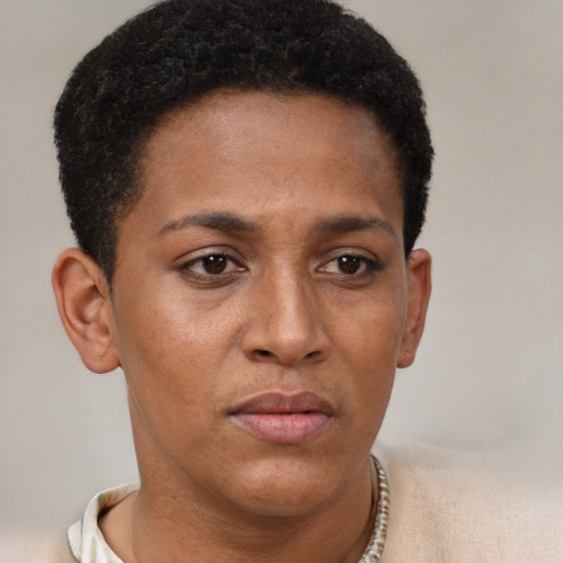 Neutral black young-adult female with short  brown hair and brown eyes