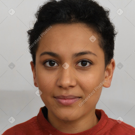 Joyful latino young-adult female with short  brown hair and brown eyes