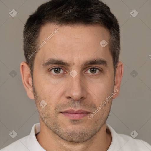 Neutral white adult male with short  brown hair and brown eyes