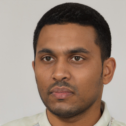Neutral black young-adult male with short  black hair and brown eyes