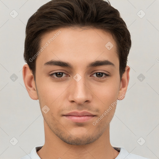 Neutral white young-adult male with short  brown hair and brown eyes